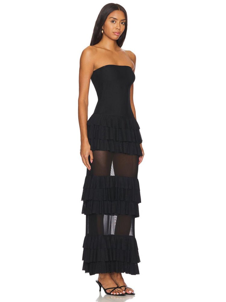 Strapless Ruffled Black Maxi Dress - HalleBeauty